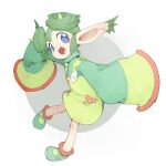  1girl blue_eyes double_bun dress full_body green_dress green_footwear green_hair green_sweater hair_bun highres horns lidelle_(puyopuyo) open_mouth pointy_ears puyopuyo puyopuyo_fever ribbed_sweater short_hair sleeves_past_fingers sleeves_past_wrists solo sweater white_background youjo_modoki 