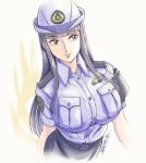  1girl asato_ai black_hair blue_headwear blue_shirt breasts dated hat highres kochikame kujira_gunsou light_smile long_hair looking_at_viewer pocket police police_uniform policewoman retro_artstyle shirt short_sleeves solo uniform white_background 