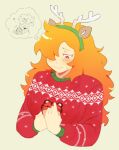  1girl blonde_hair blush christmas_sweater commentary cropped_torso fake_antlers firemauer glasses hairband highres long_hair long_sleeves nerd_(nerd_and_jock) nerd_and_jock red_eyes red_sweater simple_background sweater symbol-only_commentary thought_bubble tiger_(nerd_and_jock) 
