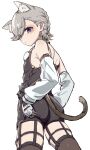  1boy animal_ear_fluff animal_ears ass bare_shoulders belt black_shirt black_shorts brown_belt brown_tail brown_thighhighs cat_ears cat_tail cowboy_shot from_behind genshin_impact gloves grey_hair hair_over_one_eye hand_on_own_ass highres looking_at_viewer looking_back lyney_(genshin_impact) male_focus otoko_no_ko purple_eyes shirt short_hair shorts simple_background sleeveless sleeveless_shirt solo swept_bangs tail thighhighs thighs white_background yoruhachi 