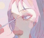  1girl applying_makeup blue_eyes blush chromatic_aberration close-up commentary english_commentary fingernails glitter long_eyelashes looking_ahead mascara_wand nose_blush orb original parted_bangs pastel_colors purple_background purple_hair red_nose simple_background solo xi_zhang 