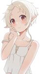  1girl ahoge aomi_wool brown_eyes closed_mouth commentary_request elf looking_at_viewer mushoku_tensei partial_commentary pointy_ears short_hair sleepwear smile solo strap_slip sylphiette_(mushoku_tensei) white_hair 