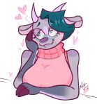  &lt;3 &lt;3_eyes anthro blush bovid caprine clothing eyewear fan_character female freckles glasses goat green_hair hair head_on_hand horn love mammal mikifluffs pink_clothing pink_sweater pink_topwear solo sweater topwear turtleneck 