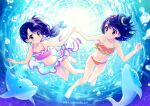  2girls air_bubble animal artist_name bikini blue_eyes blue_hair blush bubble check_commentary collarbone commentary_request dolphin from_below hat highres holding_hands light_rays multiple_girls navel nishida_yuu ocean original purple_eyes sarong smile sun sunlight swimming swimsuit twitter_username underwater witch witch_hat 
