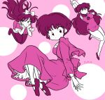  3girls bell bow floating full_body fuurinkan_high_school_uniform hair_bell hair_bow hair_ornament highres kuonji_ukyou multiple_girls pink_background pink_theme polka_dot polka_dot_background ranma_1/2 school_uniform shampoo_(ranma_1/2) short_hair signature tendou_akane wanta_(futoshi) 