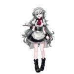  1girl :d apron ascot badge black_footwear blush_stickers boots brown_eyes cup dier_maid_(girls&#039;_frontline) double_bun full_body girls&#039;_frontline grey_hair hair_between_eyes hair_bun happy holding holding_tray infukun long_hair maid maid_apron maid_headdress no_socks official_art puffy_short_sleeves puffy_sleeves red_ascot short_sleeves simple_background skirt_hold smile solo spoilers standing teacup teeth transparent_background tray upper_teeth_only white_apron wrist_cuffs 