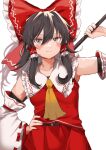 1girl armpit_peek ascot black_hair blush bow breasts detached_sleeves frilled_bow frills gohei hair_between_eyes hair_bow hair_tubes hakurei_reimu hand_on_own_hip highres holding holding_stick long_hair medium_breasts red_bow ribbon-trimmed_sleeves ribbon_trim sidelocks simple_background solo stick touhou uchisaki_himari white_background wide_sleeves 