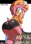  amy_rose anthro big_butt blush bodily_fluids bottomwear butt clothing cosplay crossover crossover_cosplay english_text eulipotyphlan female fur green_eyes guilty_gear hat headgear headwear hedgehog hi_res hoodie looking_back mammal may_(guilty_gear) musk_clouds pink_body pink_fur sega shorts solo sonic_the_hedgehog_(series) sweat text topwear weapon zoron_b164 