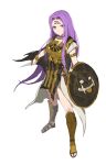  1girl absurdres alternate_costume facial_mark fate/stay_night fate_(series) forehead forehead_mark full_body highres jason_kim long_hair looking_at_viewer medusa_(fate) medusa_(rider)_(fate) purple_eyes purple_hair shield simple_background solo toeless_footwear white_background 