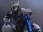  2023 anthro belt bottomwear canid canine canis clothing fighting_pose fingerless_gloves fur gloves hair handwear hi_res le_kitty_skie legs_up looking_at_viewer male mammal mihoyo pants pose red_eyes shirt solo tail topwear vest von_lycaon white_body white_fur wolf zenless_zone_zero 