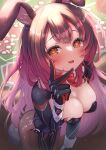  1girl absurdres animal_ears blush breasts brown_eyes brown_hair casino_card_table cleavage heart heart-shaped_pupils highres hololive large_breasts long_hair mihaeru playboy_bunny rabbit_ears roboco-san symbol-shaped_pupils table virtual_youtuber 