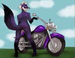  anthro backsack balls black_body black_fur black_nose black_tail butt canid canine digital_media_(artwork) fox fur genitals i_dont_really_know jay_(i_dont_really_know) looking_at_viewer male mammal motorcycle nude purple_body purple_fur purple_motorcycle red_eyes simple_background smile solo tail vehicle white_body white_fur 