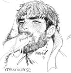  2boys bara beard_stubble blush cum cum_in_mouth facial fellatio forked_eyebrows greyscale headband large_pectorals male_focus mature_male mewniverse monochrome multiple_boys muscular muscular_male mustache_stubble nude oral pectorals ryu_(street_fighter) short_hair sketch solo_focus street_fighter street_fighter_6 thick_eyebrows torogao yaoi 