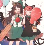  2girls :3 ;d animal_ears arm_cannon balloon black_bow black_dress black_wings blush bow braid cape cat_ears cat_tail closed_eyes closed_mouth cowboy_shot dress eyewear_on_head feathered_wings fingernails frilled_dress frills green_skirt hair_ornament hand_up hands_up heart heart_tail holding holding_balloon holding_hands interlocked_fingers kaenbyou_rin long_hair long_sleeves mozukuzu_(manukedori) multiple_girls multiple_tails one_eye_closed open_mouth red_eyes reiuji_utsuho shirt skirt smile starry_sky_print sunglasses tail teeth third_eye tinted_eyewear touhou twin_braids twitter_username two-sided_cape two-sided_fabric two_tails upper_teeth_only weapon white_cape white_shirt wings 