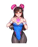  1girl animal_ears bare_shoulders blushyspicy breasts brown_eyes brown_hair cleavage d.va_(overwatch) detached_collar facepaint facial_mark fake_animal_ears heart heart_hands leotard long_hair looking_at_viewer medium_breasts outline overwatch pantyhose playboy_bunny rabbit_ears shiny_clothes smile solo strapless strapless_leotard undercut whisker_markings white_outline wrist_cuffs 