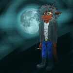  belt cigarette cigarette_smoke clothing dragon ear_piercing flave flave_(fursona) grey_hair hair horn jacket light lighter male moon moonlight piercing red_body red_hair red_skin solo tail topwear wingless_dragon yellow_eyes 