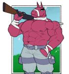  abs absurd_res animate_inanimate anthro bandage bandaged_arm belt bottomwear camelid clothed clothing cronolm epic_games fortnite fur hair hand_in_pocket hi_res holding_object holding_weapon living_pinata llama looking_at_viewer lt._john_llama male mammal muscular muscular_anthro muscular_male nipples pants pecs pinata pink_body pink_hair pink_nipples pockets solo sparkles topless topless_anthro topless_male weapon weapon_on_shoulder wool_(fur) 