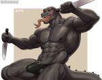  abs amon-sydonai anthro bulge clothed clothing dagger dual_wielding epic_games erection forked_tongue fortnite genitals grey_body grey_scales hi_res holding_object holding_weapon jockstrap jockstrap_only komodo_dragon lizard looking_at_viewer male melee_weapon monitor_lizard mostly_nude muscular muscular_anthro muscular_male nipples non-mammal_nipples pecs penis penis_base pupils red_eyes reptile scales scalie sharp_teeth slit_pupils solo teeth tenting thunder_(fortnite) tongue tongue_out topless underwear underwear_only weapon 