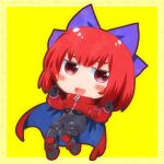  1girl adapted_costume akatsuki_records alternate_costume black_bodysuit blue_bow bodysuit boots border bow cape capelet catsuit chibi cloak commentary_request full_body hair_bow long_sleeves matty_(zuwzi) red_cape red_cloak red_eyes red_hair ribbon-trimmed_bow rock_&#039;n&#039;_rock_&#039;n&#039;_beat sekibanki short_hair simple_background skin_tight solo touhou two-sided_cape two-sided_fabric two-tone_cape white_border zipper 
