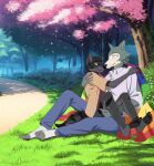 absurd_res alex_nightmurr anthro beastars canid canine canis clothing cuddling hi_res legoshi_(beastars) lgbt_pride male male/male mammal meadow outside shirt smile solo story story_in_description teenager tommysamash topwear wolf young 