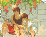  2boys black_tank_top blue_shorts blush brown_hair character_request copyright_request feet_out_of_frame flower jnkku leaf magazine_(object) male_focus multiple_boys reading red_shorts shirt short_hair short_sleeves shorts stone_bench stone_wall sweatband tank_top undercut wall white_shirt 