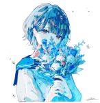  1girl blue_flower blue_nails blue_theme bouquet covered_mouth flower hagimorijia highres holding holding_bouquet long_sleeves looking_at_viewer multicolored_hair nail_polish original pink_flower plant sailor_collar shirt short_hair signature simple_background solo upper_body water_drop white_background white_shirt 