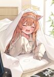  1girl absurdres animal_ears blue_archive blush closed_eyes fox_ears halo headband highres indoors kurobi_(netisz) lying mari_(blue_archive) on_bed on_stomach open_mouth orange_hair oversized_clothes oversized_shirt shirt sleeves_past_fingers sleeves_past_wrists solo under_covers white_hair white_headband 