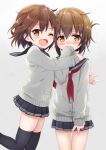  2girls azuki_yui black_sailor_collar black_skirt black_thighhighs blush brown_eyes brown_hair covering_mouth fang female_child grey_background grey_sweater hair_ornament hairclip hug ikazuchi_(kancolle) inazuma_(kancolle) kantai_collection multiple_girls neckerchief one_eye_closed open_mouth pleated_skirt red_neckerchief sailor_collar school_uniform short_hair skirt sleeves_past_fingers sleeves_past_wrists sweater thighhighs v 