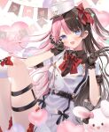  absurdres balloon belt black_belt black_hair blue_eyes blush bow dress gloves hair_bow heart_balloon highres jimuso lace lace_gloves long_hair multicolored_hair open_mouth pink_hair red_bow smile split-color_hair tachibana_hinano_(vtuber) thigh_strap two-tone_hair two_side_up virtual_youtuber vspo! white_dress white_headwear 