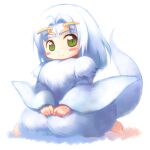  1girl barefoot blush blush_stickers chibi closed_mouth commentary_request dark_souls_(series) dark_souls_i dragon_girl dragon_tail dress emurin full_body green_eyes hair_intakes long_hair looking_at_viewer priscilla_the_crossbreed sitting slit_pupils smile solo tail wariza white_dress white_hair 