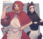  2boys :3 alcohol alternate_costume animal_ears apron avengers_(series) basket beard belt big_bad_wolf_(grimm) big_bad_wolf_(grimm)_(cosplay) black_belt black_hair black_shirt blonde_hair blue_eyes border bread capelet center_frills closed_mouth collared_shirt cosplay crossed_arms facial_hair film_grain flexing food frills frown green_eyes grey_background hair_slicked_back halloween hand_on_own_hip happy_halloween highres hood hood_up little_red_riding_hood little_red_riding_hood_(grimm) little_red_riding_hood_(grimm)_(cosplay) loki_(marvel) long_sleeves looking_at_another male_focus marvel marvel_cinematic_universe medium_hair mjolnir_(marvel) multiple_boys neck_ribbon outside_border pants pin_(penco_co) red_capelet red_skirt ribbon shirt sideways_glance simple_background skirt squiggle tail thor_(marvel) waist_apron white_border white_pants white_ribbon wine wolf_ears wolf_tail 
