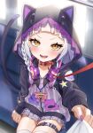  1girl absurdres animal_collar animal_hood animal_print black_shirt blush braid bu_leike cat_hood cat_tail collar crescent fangs fish_print grey_hair headphones highres holding holding_leash hololive hood hoodie leash long_sleeves looking_at_viewer murasaki_shion murasaki_shion_(7th_costume) nail_polish necktie official_alternate_costume open_mouth pleated_skirt pov purple_nails purple_necktie ribbon shirt shirt_grab side_braid sidelocks sitting skirt sleeves_past_wrists star_(symbol) tail thigh_strap thighhighs viewer_holding_leash virtual_youtuber white_thighhighs yellow_eyes 