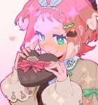  1girl blush gradient_background green_eyes hair_ornament hairband heart highres long_sleeves medium_hair original pink_hair pink_nails puffy_sleeves smile solo striped striped_hairband upper_body yooki_(winter_cakes) 