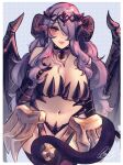  1girl alternate_costume bare_shoulders blush breasts camilla_(fire_emblem) cleavage dragon_girl dragon_horns dragon_tail fake_horns fire_emblem fire_emblem_fates hair_over_one_eye hand_on_own_chest highres hinahaii horns large_breasts long_hair looking_at_viewer purple_eyes purple_hair smile solo tail tiara very_long_hair wavy_hair wide_hips wings 