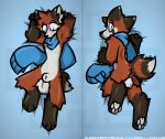  absurd_res ailurid anthro backsack balls blue_eyes blush brown_body brown_fur canid canine dakimakura_design fluffy fluffy_tail fox fur genitals hand_behind_head hi_res hybrid looking_at_viewer looking_back looking_back_at_viewer lying male mammal mostly_nude on_back on_front pawpads red_body red_fur red_panda scarf signature solo tail text url watermark white_body white_fur wub_(artist) 