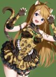  1girl absurdres ahoge animal_ears animal_print armband bare_shoulders blue_eyes blush breasts brown_hair cleavage cowboy_shot dress elbow_gloves fake_animal_ears fake_tail fingerless_gloves garter_straps gem gloves green_background green_ribbon hands_up highres idolmaster idolmaster_million_live! idolmaster_million_live!_theater_days layered_dress leopard_ears leopard_print leopard_tail long_hair looking_at_viewer medium_breasts open_mouth paw_pose pearl_(gemstone) print_dress print_gloves ribbon sasa_koutoyomu see-through_cleavage simple_background sleeveless sleeveless_dress smile swept_bangs tail teeth tokoro_megumi upper_teeth_only 