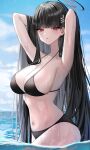  1girl absurdres armpits arms_up bikini black_bikini black_hair blue_archive blue_sky blunt_bangs breasts hair_ornament hairclip halo highres large_breasts long_hair looking_at_viewer navel ocean parted_lips red_eyes rio_(blue_archive) sky solo stomach strap_gap swimsuit ueng very_long_hair wading water wet 