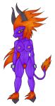  anthro anthrofied behemoth_(ff) big_breasts blush breasts brown_eyes embarrassed female final_fantasy fur hair hooves horn ivanks long_hair looking_at_viewer muscular navel nipples nude orange_hair pubes pupils purple_body purple_fur shackles_only simple_background slit_pupils solo square_enix standing tail white_background yellow_sclera 