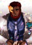  1boy bara beard blush confetti dark-skinned_male dark_skin eyebrow_cut facial_hair flaming_eye hephaestus_(housamo) large_pectorals male_focus mature_male mementmori333 muscular muscular_male necktie official_alternate_costume pectorals pov pov_hands red_eyes short_hair solo suit thick_eyebrows tokyo_afterschool_summoners upper_body very_dark_skin white_suit 