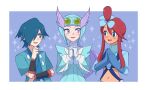  1boy 2girls blue_eyes blue_hair border falkner_(pokemon) gloves hair_between_eyes hair_over_one_eye haruki_sparsa helmet interlocked_fingers long_hair looking_at_another midriff multiple_girls navel open_mouth own_hands_together pokemon pokemon_(game) pokemon_bw pokemon_hgss pokemon_oras purple_eyes purple_hair red_hair short_hair skyla_(pokemon) trait_connection upper_body white_border winona_(pokemon) 