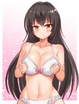  1girl black_hair blush bow bow_bra bra breasts cleavage closed_eyes commentary cougar_(cougar1404) frown grabbing_own_breast groin long_hair looking_at_viewer navel original panties solo standing underwear underwear_only white_bra white_panties yellow_eyes 
