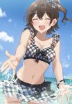  1girl :d ^_^ absurdres bikini bikini_skirt blue_sky blush bow breasts brown_hair cleavage closed_eyes cloud commentary cowboy_shot day emu_(emum) hair_bow highres idolmaster idolmaster_million_live! kasuga_mirai medium_breasts navel one_side_up open_mouth plaid plaid_bikini sky smile solo standing stomach swimsuit symbol-only_commentary 