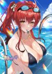  1girl azur_lane bikini black_bikini blush breasts commentary commission felielle goggles goggles_on_head highres holding holding_whistle italian_flag large_breasts looking_at_viewer o-ring o-ring_bikini official_alternate_costume outdoors pool pool_ladder poolside red_hair side_ponytail sideboob solo swimsuit upper_body wet whistle whistle_around_neck yellow_eyes zara_(azur_lane) zara_(poolside_coincidence)_(azur_lane) 