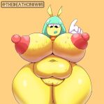  anthro belly big_breasts bodily_fluids breasts clothing female genitals gloves green_hair green_lips hair handwear hi_res huge_breasts lips nipples pink_nipples pussy simple_background solo sweat thedeathcrow05 thick_thighs unknown_species yellow_body 