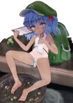  1girl absurdres backpack bag bananannu barefoot blue_eyes blue_hair blush collarbone flat_cap green_headwear hair_between_eyes hair_bobbles hair_ornament hat highres ice kawashiro_nitori medium_hair mosquito_coil ramune sitting soaking_feet solo tan tanlines touhou towel water 