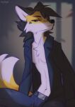  2023 anthro artist_name black_nose bottomwear canid canine clothed clothing digital_media_(artwork) fox fur hi_res hyilpi light lighting looking_at_viewer male mammal open_clothing open_shirt open_topwear pants shirt solo topwear whiskers white_body white_fur yellow_body yellow_fur 