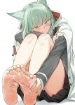  1girl absurdres animal_ear_fluff animal_ears arknights bag_charm barefoot black_skirt cape cardigan cat_ears cat_girl cat_tail charm_(object) feet foot_focus green_eyes green_hair grey_socks hao_guangze_yu harmonie_(arknights) highres knees_up legs legs_together long_hair long_sleeves looking_at_viewer skirt smile socks soles tail toenails toes white_cape 