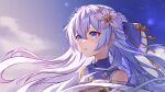  1girl absurdres bare_shoulders blue_dress blue_eyes china_dress chinese_clothes chinese_commentary clothing_cutout cloud commentary_request dress earrings floating_hair flower hair_between_eyes hair_flower hair_ornament highres hinata_mr_assassin honkai_(series) honkai_impact_3rd jewelry long_hair parted_lips sky sleeveless solo star_(sky) theresa_apocalypse theresa_apocalypse_(starlit_astrologos) upper_body white_hair zhuge_kongming_(honkai_impact) 