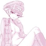  1girl blush breasts closed_mouth collarbone erwin_(girls_und_panzer) girls_und_panzer hat jacket looking_at_viewer medium_breasts military_hat military_uniform monochrome navel nipples no_bra no_panties open_clothes open_jacket shinaso_(sachi-machi) short_hair sketch smile solo uniform 