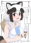  1girl absurdres animal_ears black_hair blush breasts commentary dress food hat heart heart-shaped_pupils highres holding holding_food holding_ice_cream ice_cream ice_cream_cone iinsuka1998 kemono_friends kemono_friends_3 large_breasts looking_at_viewer multicolored_hair popsicle raccoon_ears raccoon_tail short_hair skirt sleeveless sleeveless_dress smile soft_serve solo straw_hat sun_hat sundress symbol-shaped_pupils tail tanuki_(kemono_friends) translated waffle_cone white_dress white_hair 